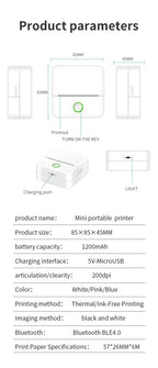 Fiche technique : imprimante de 85 x 85 x 45 mm, batterie 1200 mAh, résolution 200 dpi, Bluetooth BLE 4.0