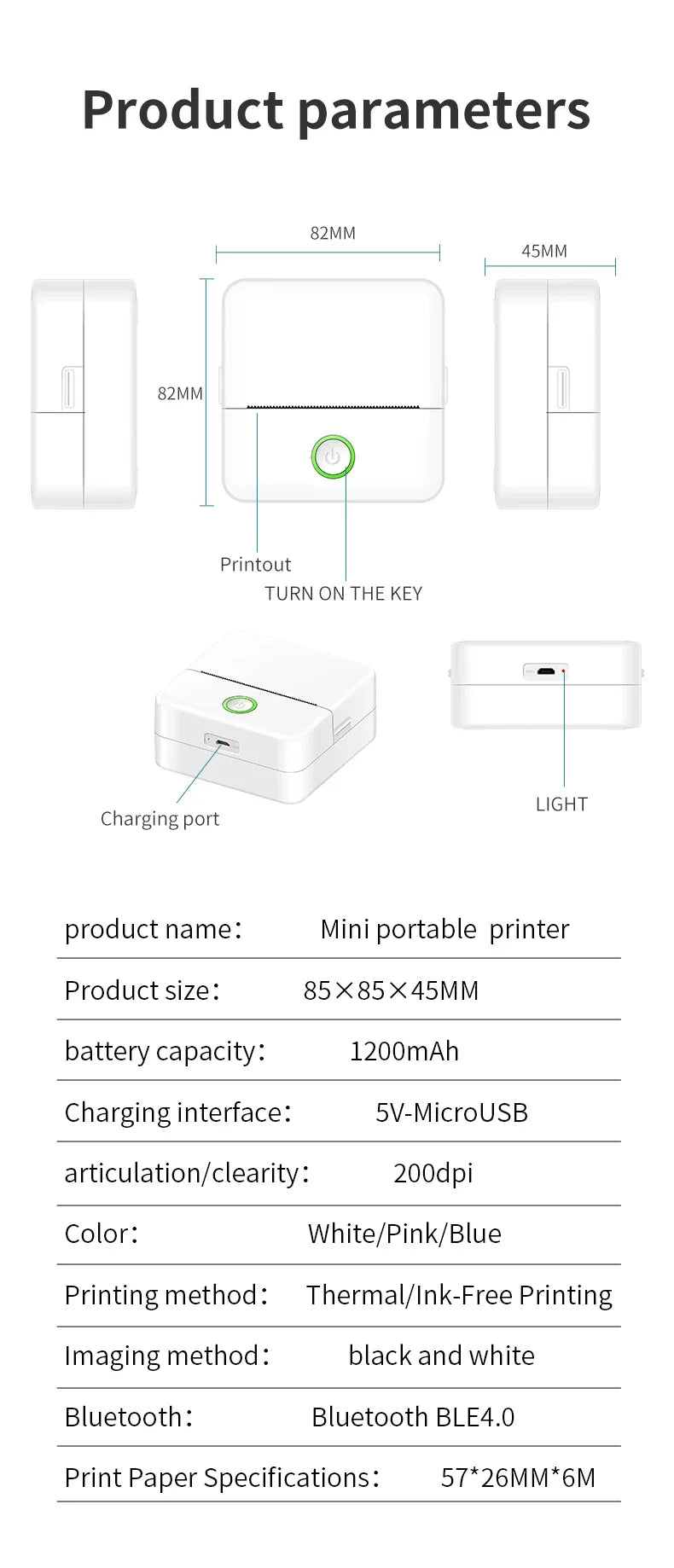 Fiche technique : imprimante de 85 x 85 x 45 mm, batterie 1200 mAh, résolution 200 dpi, Bluetooth BLE 4.0