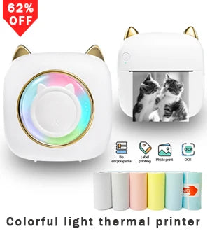 Imprimante thermique blanche à oreilles de chat dorées, anneau lumineux multicolore, photo de chatons imprimée