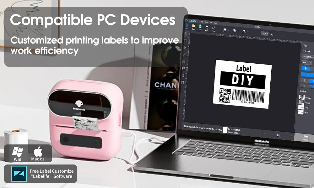 Imprimante rose devant un ordinateur portable affichant un modèle d'étiquette intitulé Label DIY