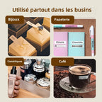 Exemples d'usage par secteur : bijoux étiquetés, papeterie, flacons de cosmétiques et gobelet de café