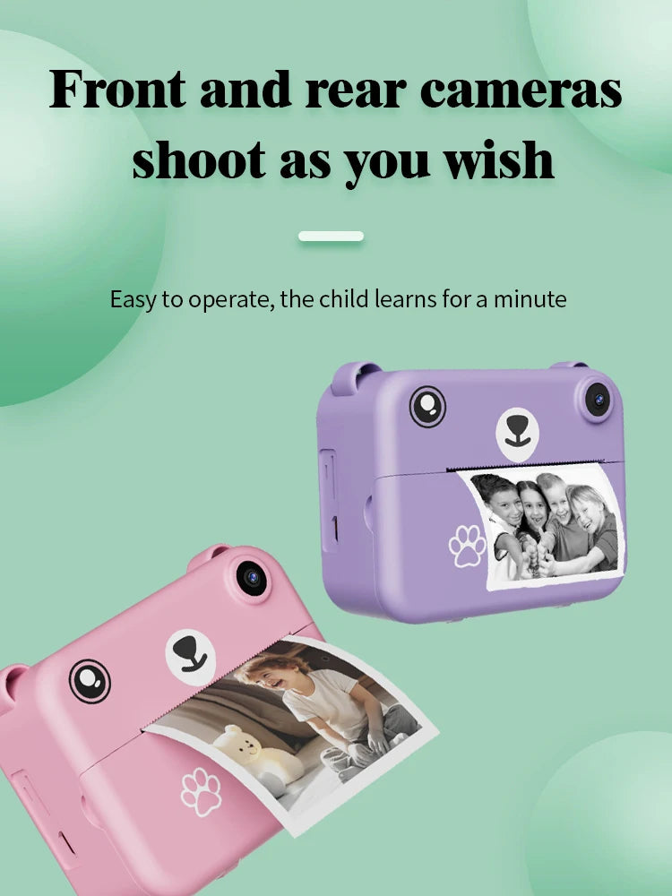 Appareils violet et rose superposés montrant les tirages obtenus, sous le titre Front and rear cameras