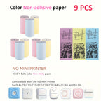 Neuf rouleaux de papier thermique teinté non adhésif et impressions monochromes sur papier violet, jaune et bleu