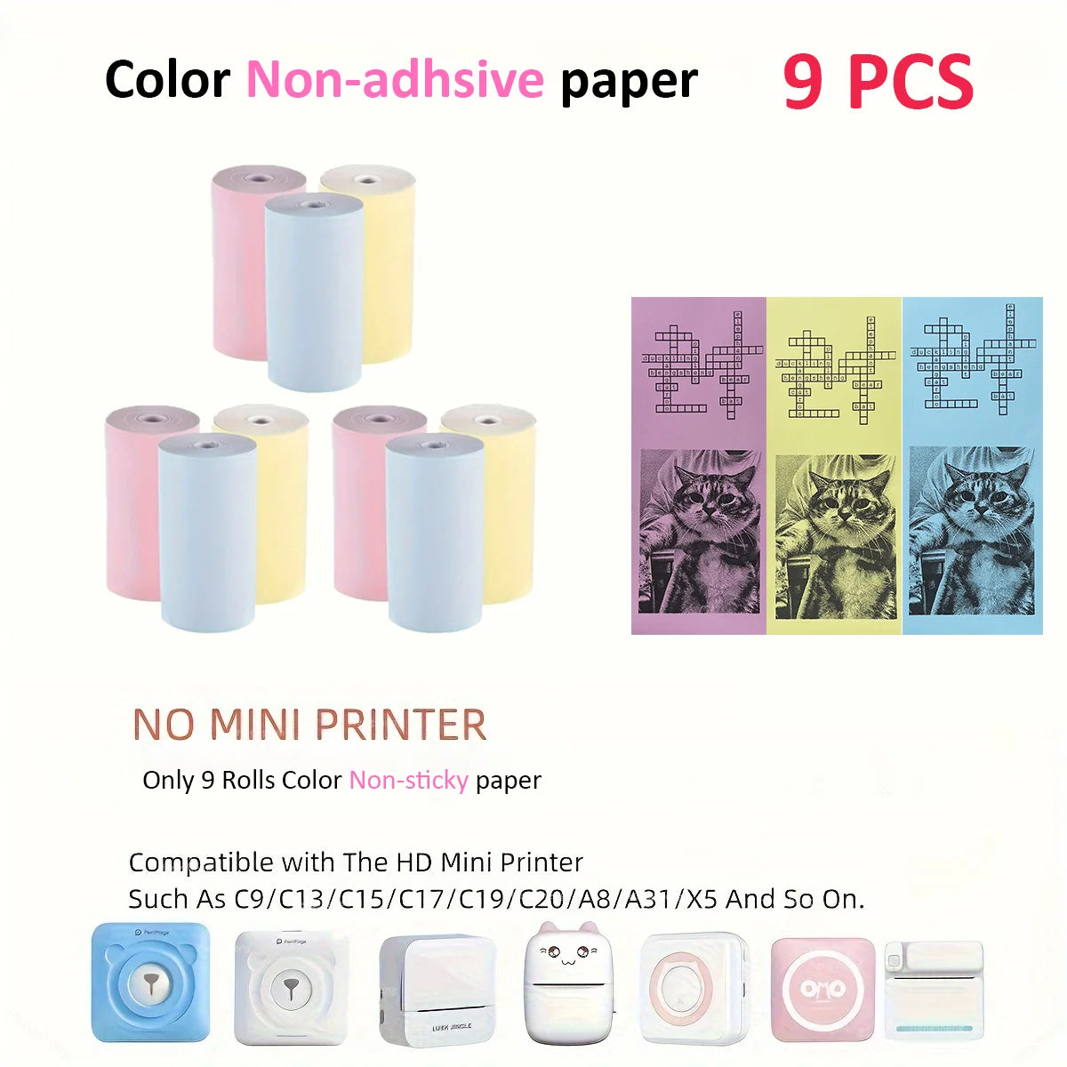 Neuf rouleaux de papier thermique teinté non adhésif et impressions monochromes sur papier violet, jaune et bleu