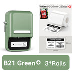 Imprimante B21 vert sauge et trois rouleaux de 230 étiquettes 50 x 30 mm, exemple d'étiquette de prix