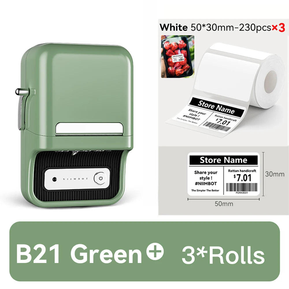 Imprimante B21 vert sauge et trois rouleaux de 230 étiquettes 50 x 30 mm, exemple d'étiquette de prix