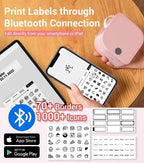 Impression Bluetooth depuis un smartphone tenu en main au-dessus d'un bureau en bois, avec une tablette et les planches de 70 bordures et 1000 icônes