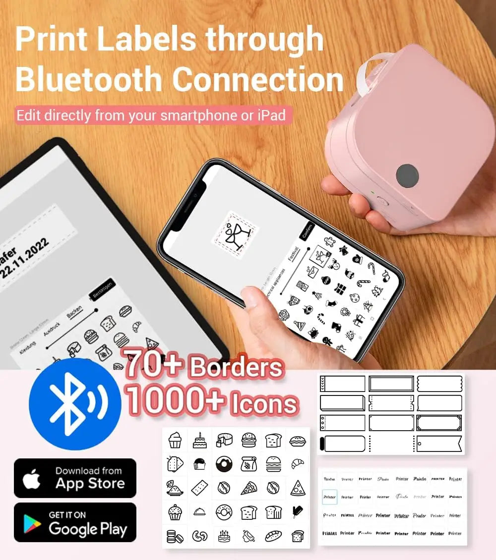 Impression Bluetooth depuis un smartphone tenu en main au-dessus d'un bureau en bois, avec une tablette et les planches de 70 bordures et 1000 icônes
