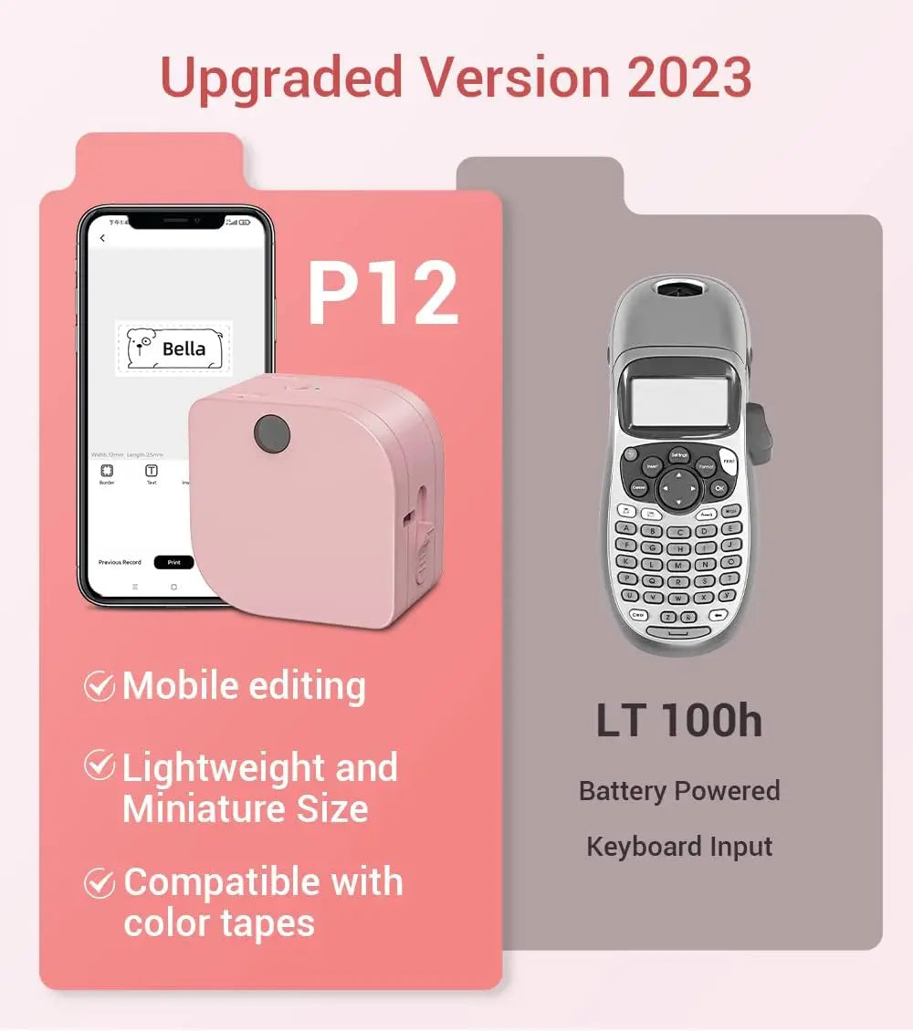 Comparatif entre l'étiqueteuse P12 pilotée par mobile et le modèle à clavier LT 100h, version 2023