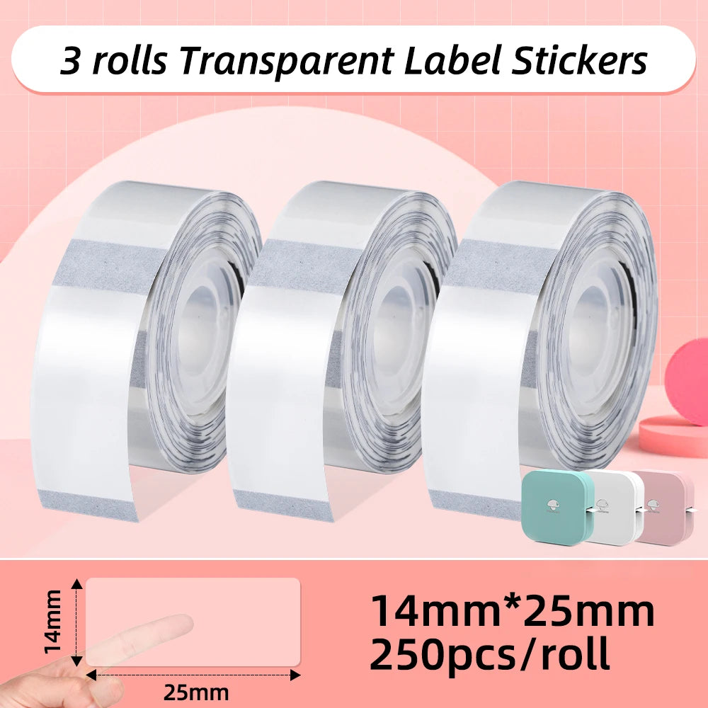 Trois rouleaux d'étiquettes transparentes, format 14 x 25 mm, 250 pièces par rouleau, fond rose