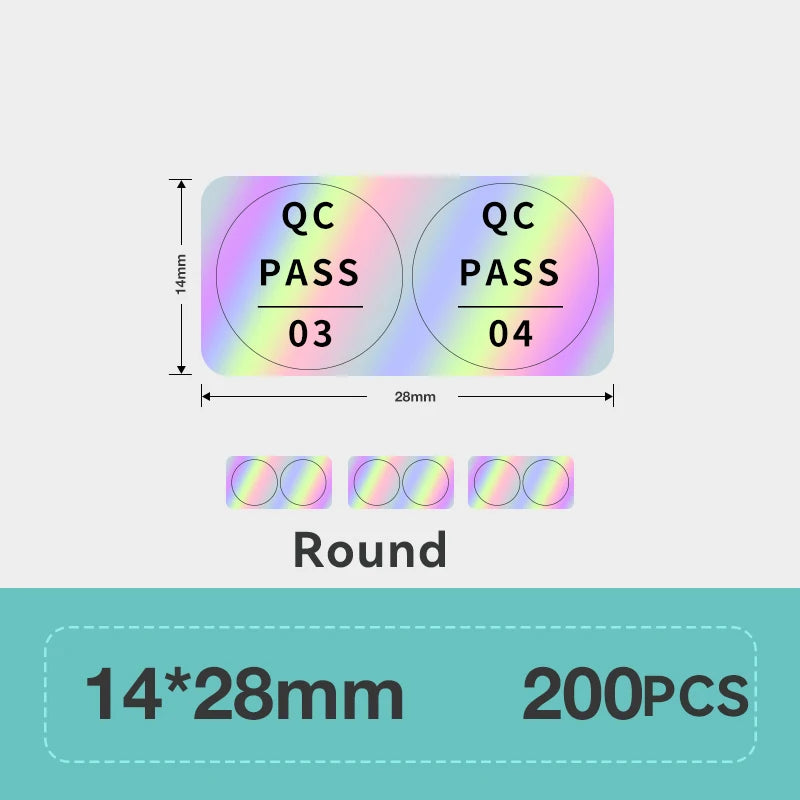 Étiquettes rondes irisées de 14 x 28 mm portant la mention QC PASS, rouleau de 200 pièces