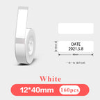 Rouleau d'étiquettes blanches et étiquette témoin portant une date imprimée, format 12 × 40 mm