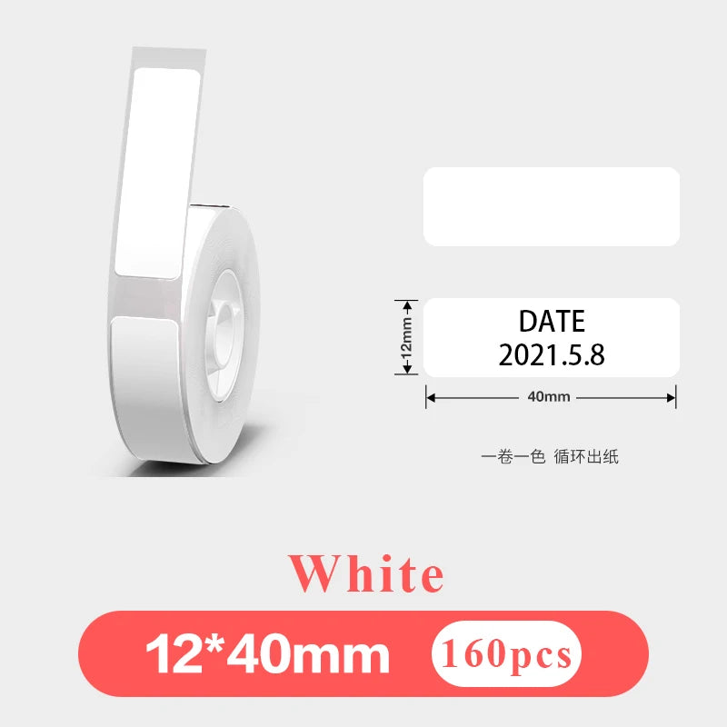 Rouleau d'étiquettes blanches et étiquette témoin portant une date imprimée, format 12 × 40 mm