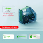Cassette de ruban carbone vert de 16 m dans son boîtier translucide, avec des exemples imprimés en vert