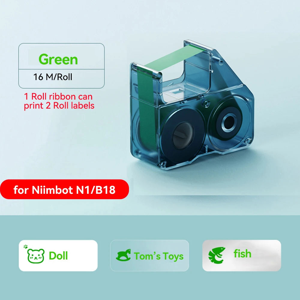 Cassette de ruban carbone vert de 16 m dans son boîtier translucide, avec des exemples imprimés en vert