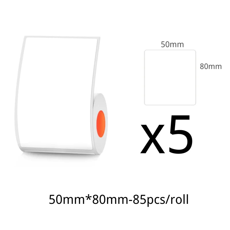 Lot de cinq rouleaux d'étiquettes 50 x 80 mm, 85 étiquettes par rouleau, avec le format coté