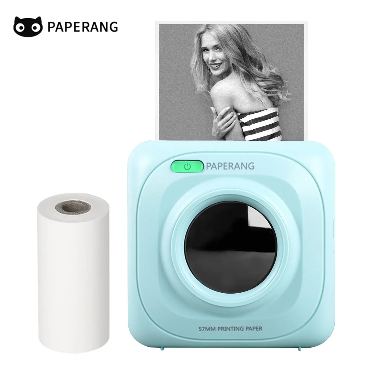 Imprimante vert menthe PAPERANG imprimant un portrait de femme en noir et blanc, rouleau à gauche