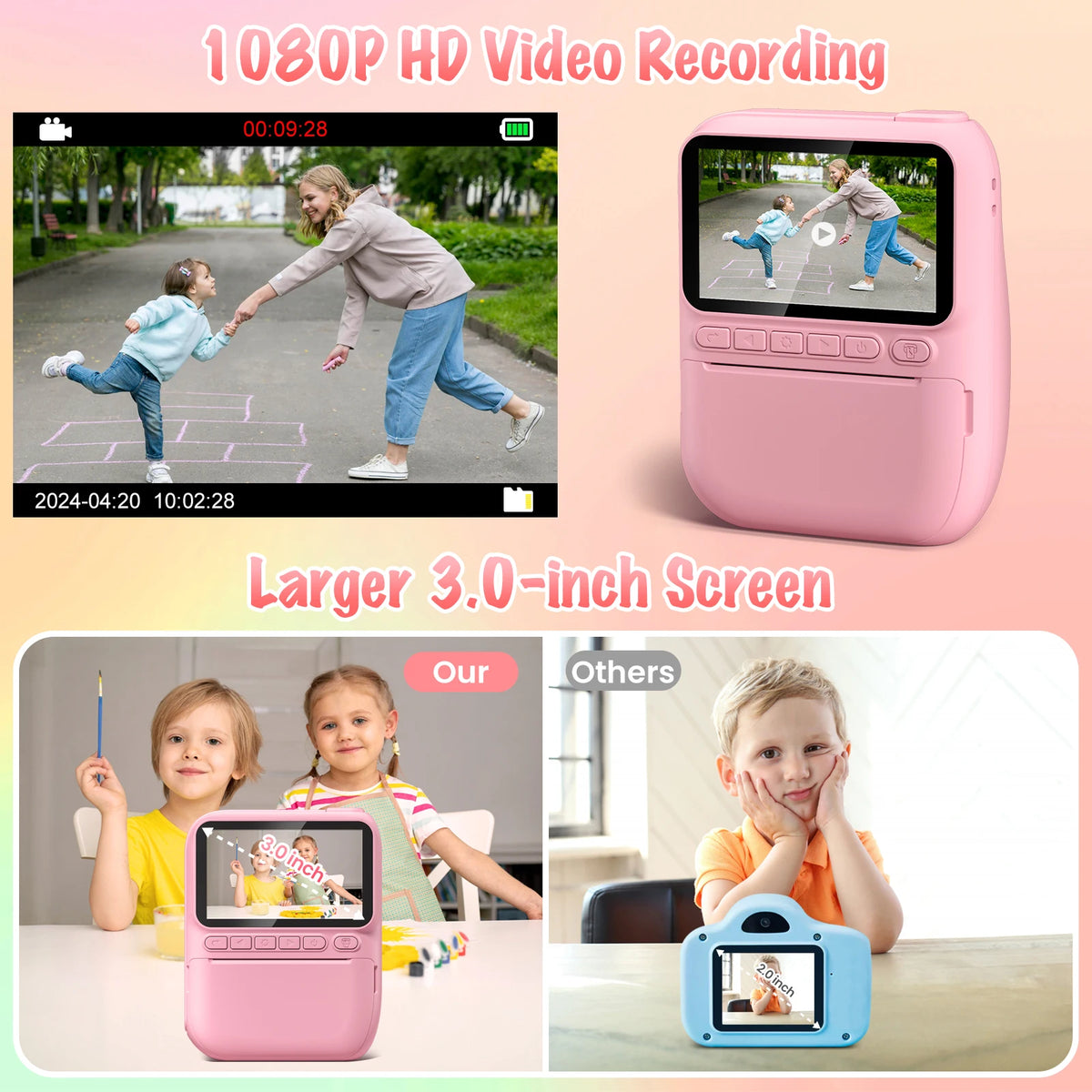 Enregistrement vidéo 1080p d'une partie de marelle et comparatif de l'écran 3 pouces face à un autre modèle