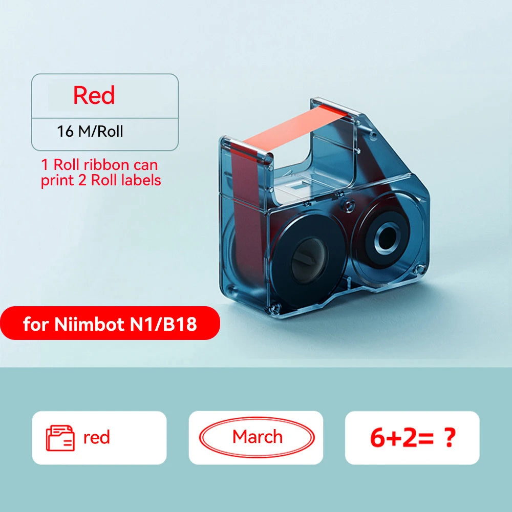 Cassette de ruban carbone rouge de 16 m et trois étiquettes blanches imprimées en rouge posées dessous