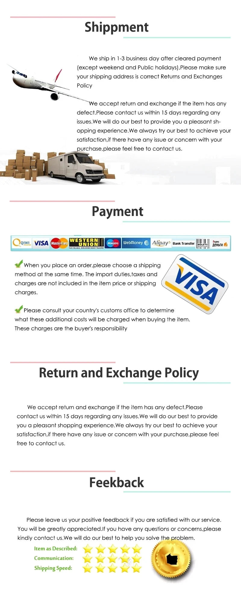 Page d'informations boutique : expédition, moyens de paiement, politique de retour et avis clients