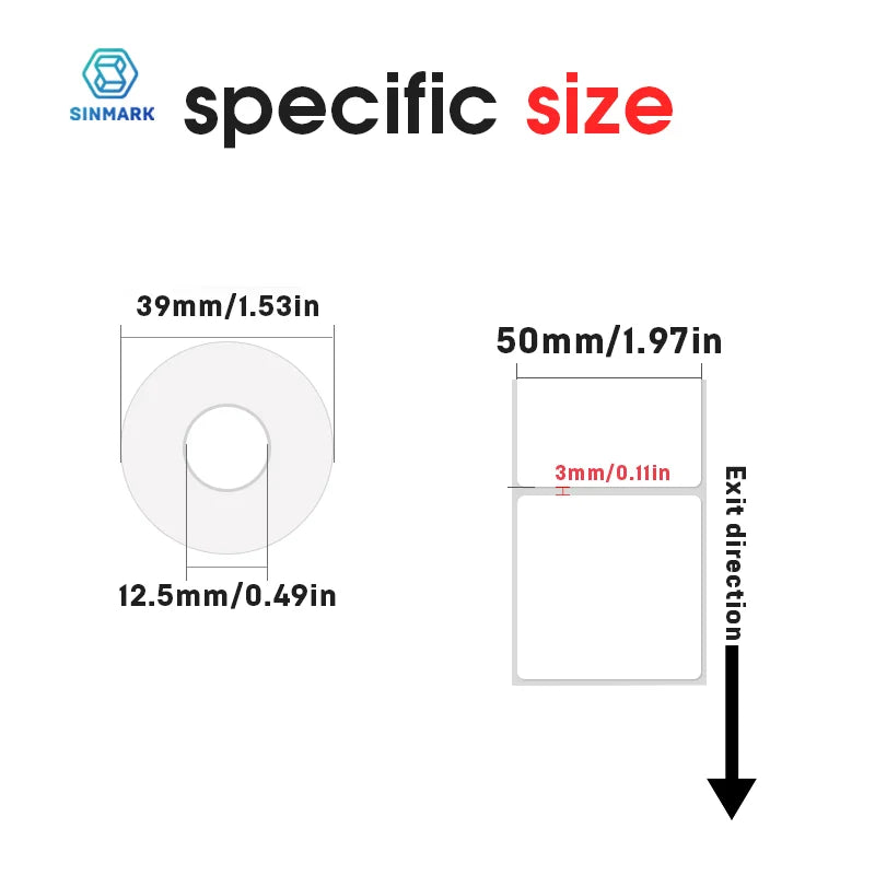 Schéma coté du rouleau : diamètre extérieur 39 mm, mandrin 12,5 mm, étiquette de 50 mm et sens de sortie du papier