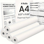 Quatre rouleaux de papier thermique A4 au format 8,27 x 11,69 pouces, devant des documents imprimés