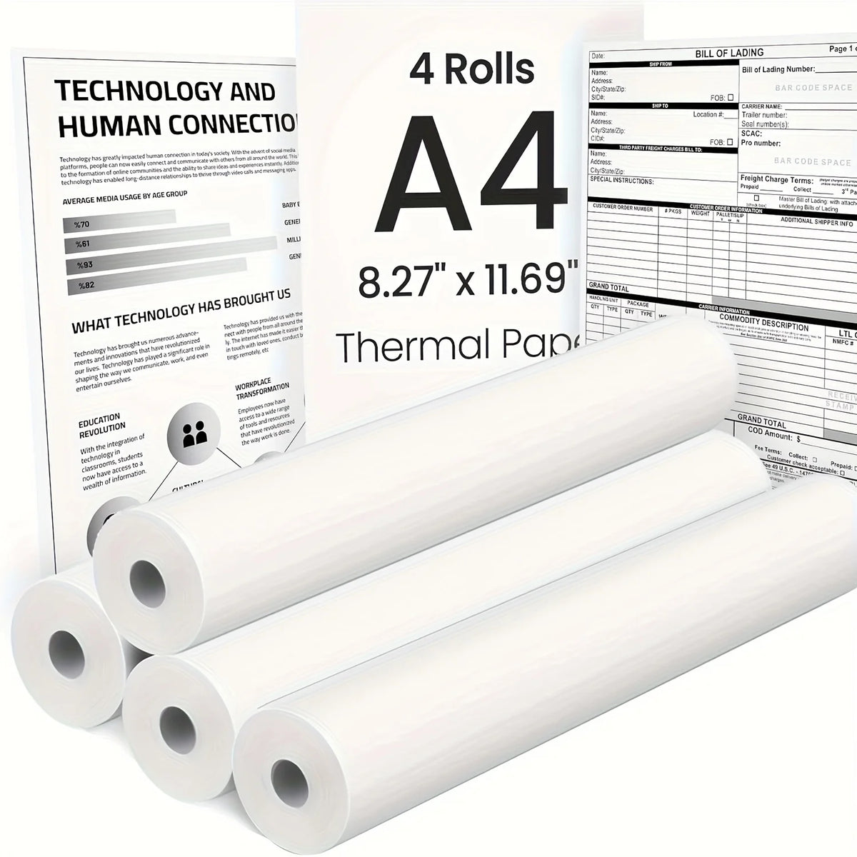 Quatre rouleaux de papier thermique A4 au format 8,27 x 11,69 pouces, devant des documents imprimés