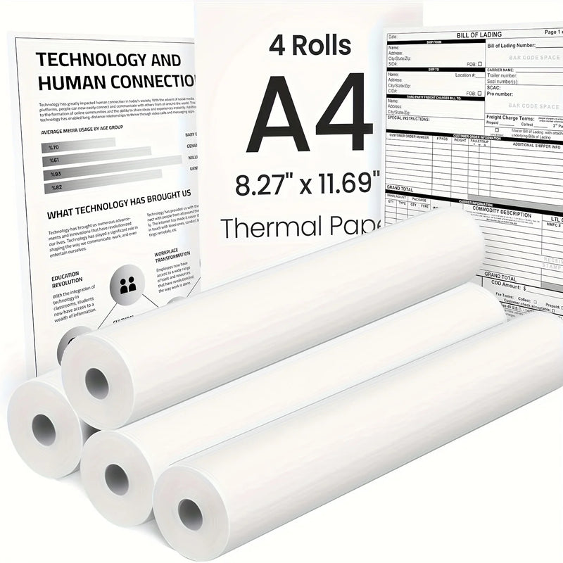 Quatre rouleaux de papier thermique A4 au format 8,27 x 11,69 pouces, devant des documents imprimés