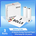 Boîte fermée marquée 80MM et trois rouleaux de papier thermique de 80 mm de large sur 6,5 m