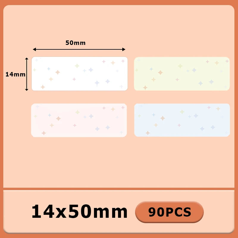 Quatre étiquettes semées d'étoiles scintillantes sur fond blanc, jaune, rose et bleu pâle, 14x50 mm, lot de 90