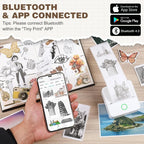 Main tenant un smartphone devant une imprimante blanche qui sort un sticker de monument, carnet de stickers autour