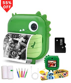 Modèle enfant vert en forme de dinosaure avec objectif photo, carte mémoire 32 Go, stylos, rouleaux et photo noir et blanc