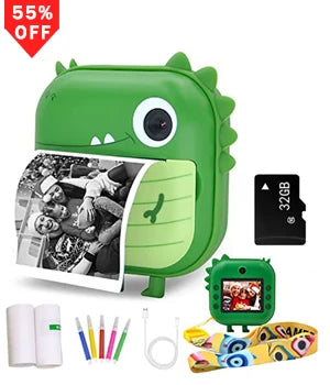 Modèle enfant vert en forme de dinosaure avec objectif photo, carte mémoire 32 Go, stylos, rouleaux et photo noir et blanc