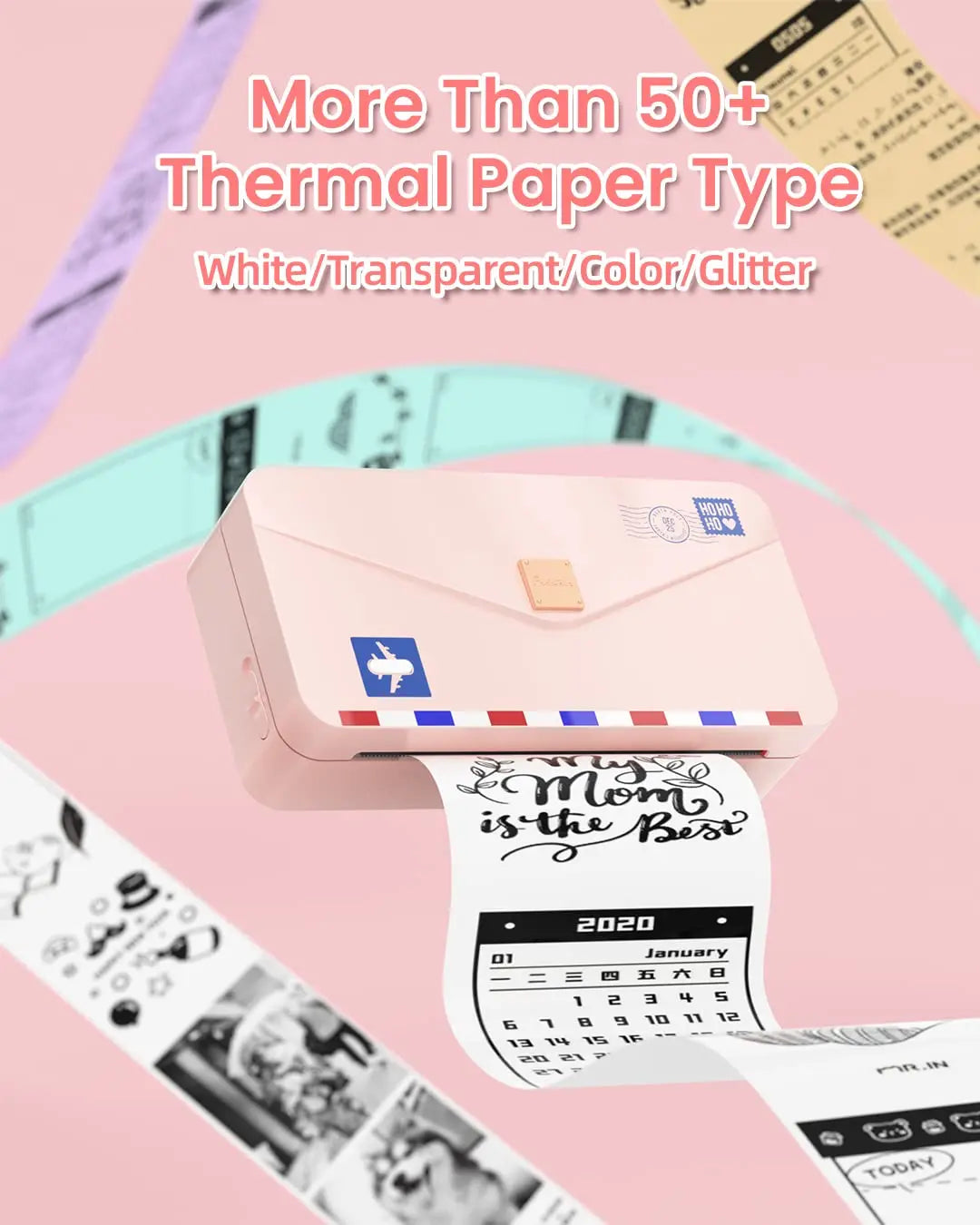 Imprimante rose imprimant un calendrier et une carte « My Mom is the Best », entourée de bandes de papier thermique violette, vert d'eau et kraft