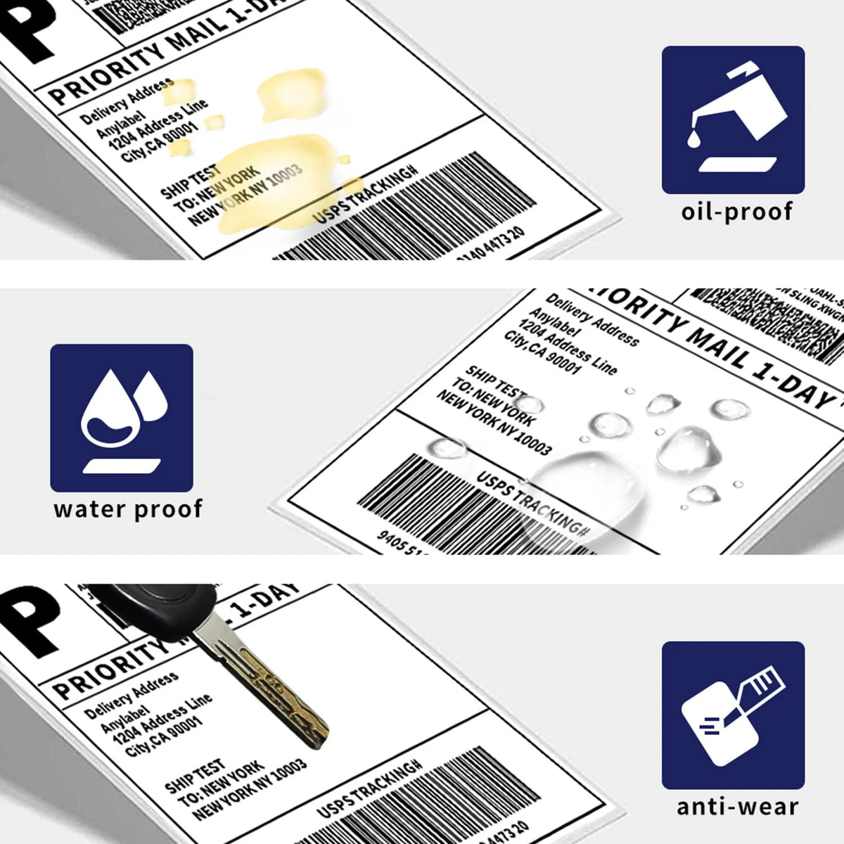 Trois étiquettes d'expédition imprimées avec les pictogrammes anti-huile, résistant à l'eau et anti-usure