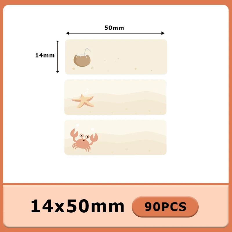 Trois étiquettes plage à la noix de coco, à l'étoile de mer et au crabe, format 14x50 mm, lot de 90 pièces
