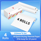 Boîte de papier thermique A4 et quatre rouleaux de 210 mm sur 6,5 m, feuille imprimée dépliée au premier plan