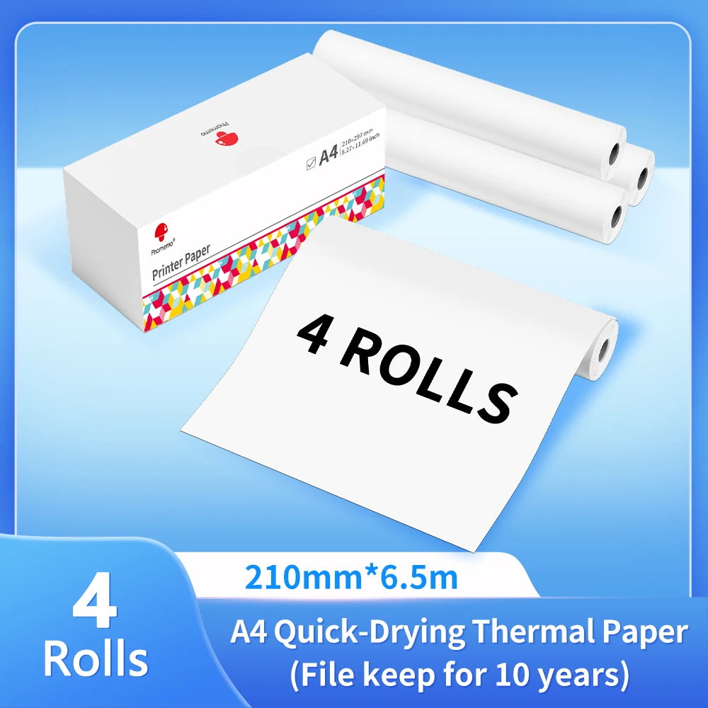 Boîte de papier thermique A4 et quatre rouleaux de 210 mm sur 6,5 m, feuille imprimée dépliée au premier plan