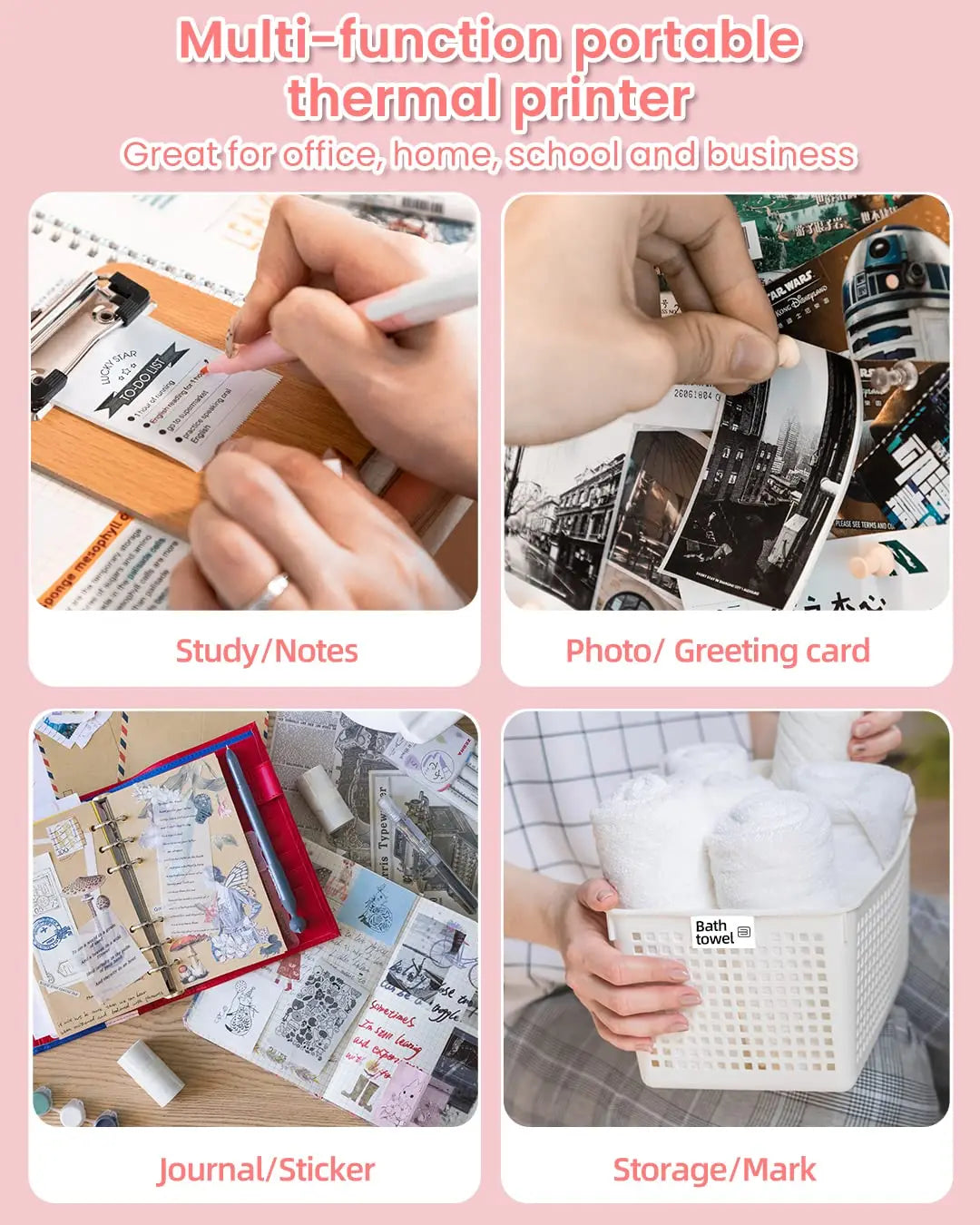 Quatre usages en vignettes : prise de notes, photo et carte de vœux, journal créatif et étiquetage