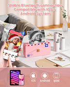 Imprimante rose reliée en Bluetooth à un smartphone, photos imprimées et logos iOS, Android et iPad