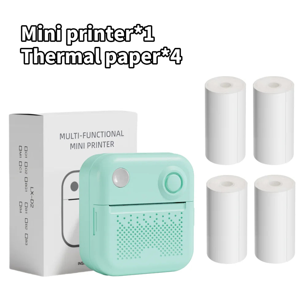 Imprimante vert menthe devant sa boîte, accompagnée de quatre rouleaux de papier thermique blanc