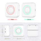 Comparatif des coloris rose et vert, vue de profil montrant le port micro-USB, cotes 80 mm de côté et 35 mm d'épaisseur