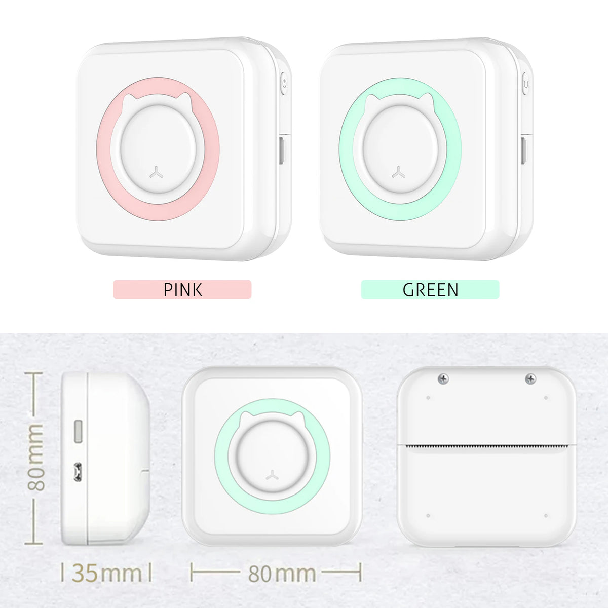 Comparatif des coloris rose et vert, vue de profil montrant le port micro-USB, cotes 80 mm de côté et 35 mm d'épaisseur
