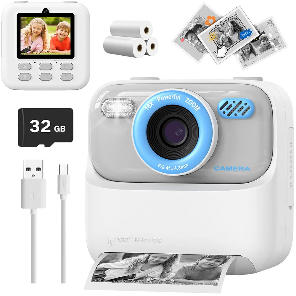 Ensemble blanc à contour d'objectif bleu, avec rouleaux de papier, tirages, carte 32 Go et câble USB