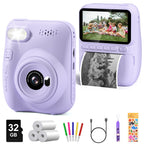 Appareil photo enfant violet pastel de face et de dos, avec ses rouleaux, feutres et carte 32 Go