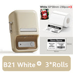 Imprimante B21 beige et trois rouleaux de 230 étiquettes 50 x 30 mm, exemple d'étiquette de rayon imprimée