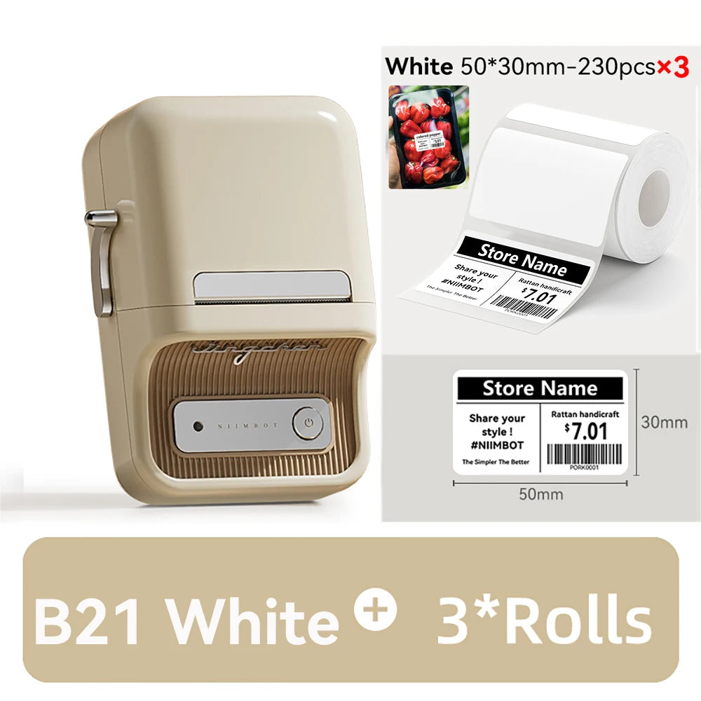 Imprimante B21 beige et trois rouleaux de 230 étiquettes 50 x 30 mm, exemple d'étiquette de rayon imprimée