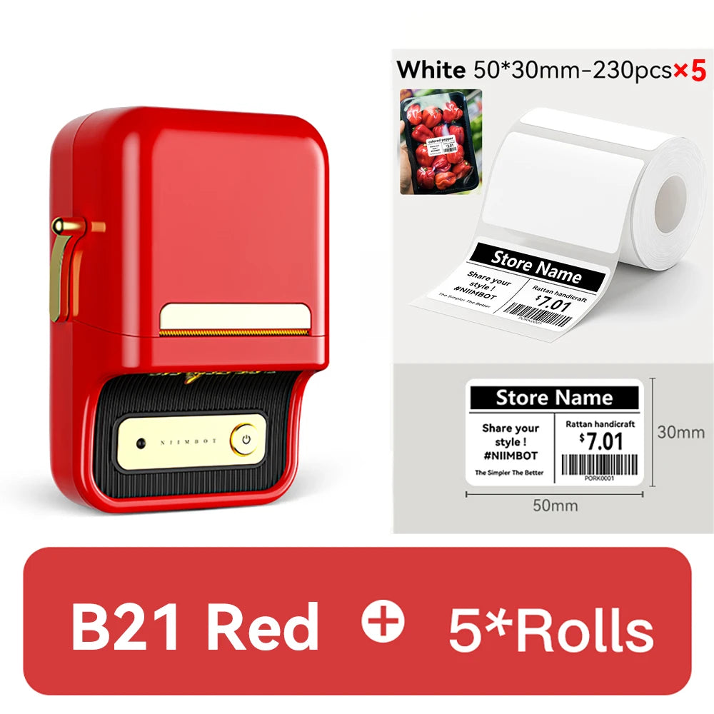 Imprimante B21 rouge et cinq rouleaux de 230 étiquettes 50 x 30 mm, exemple d'étiquette de prix imprimée