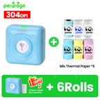 Imprimante bleue et six rouleaux de papier thermique assortis à motifs panda, badge 304 DPI