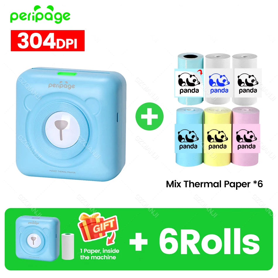 Mini imprimante ourson bleu ciel et ses six rouleaux de papier thermique à motif panda
